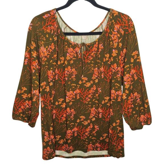 Garnet Hill Gathered Knit Artist Tee Top Medium Tencel Lyocell Forest Boho Leaf - Picture 1 of 8